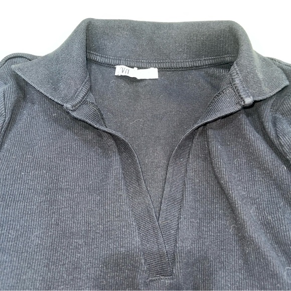 Zara Black Collared V- Neck Ribbed Cropped Cotton Top Short Sleeve Women Sz M - Picture 5 of 5